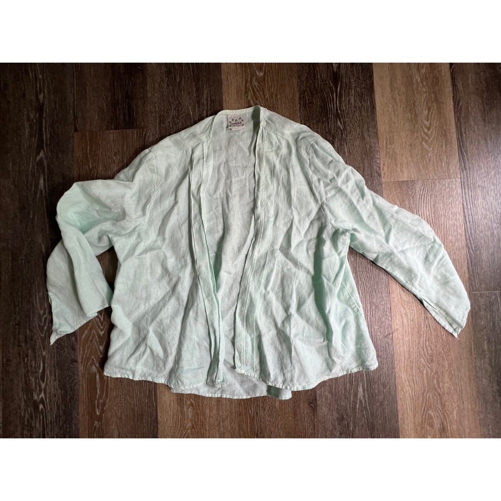 Donna Linen Cardigan Women Medium Mint Green Open Front Made in USA L-3016